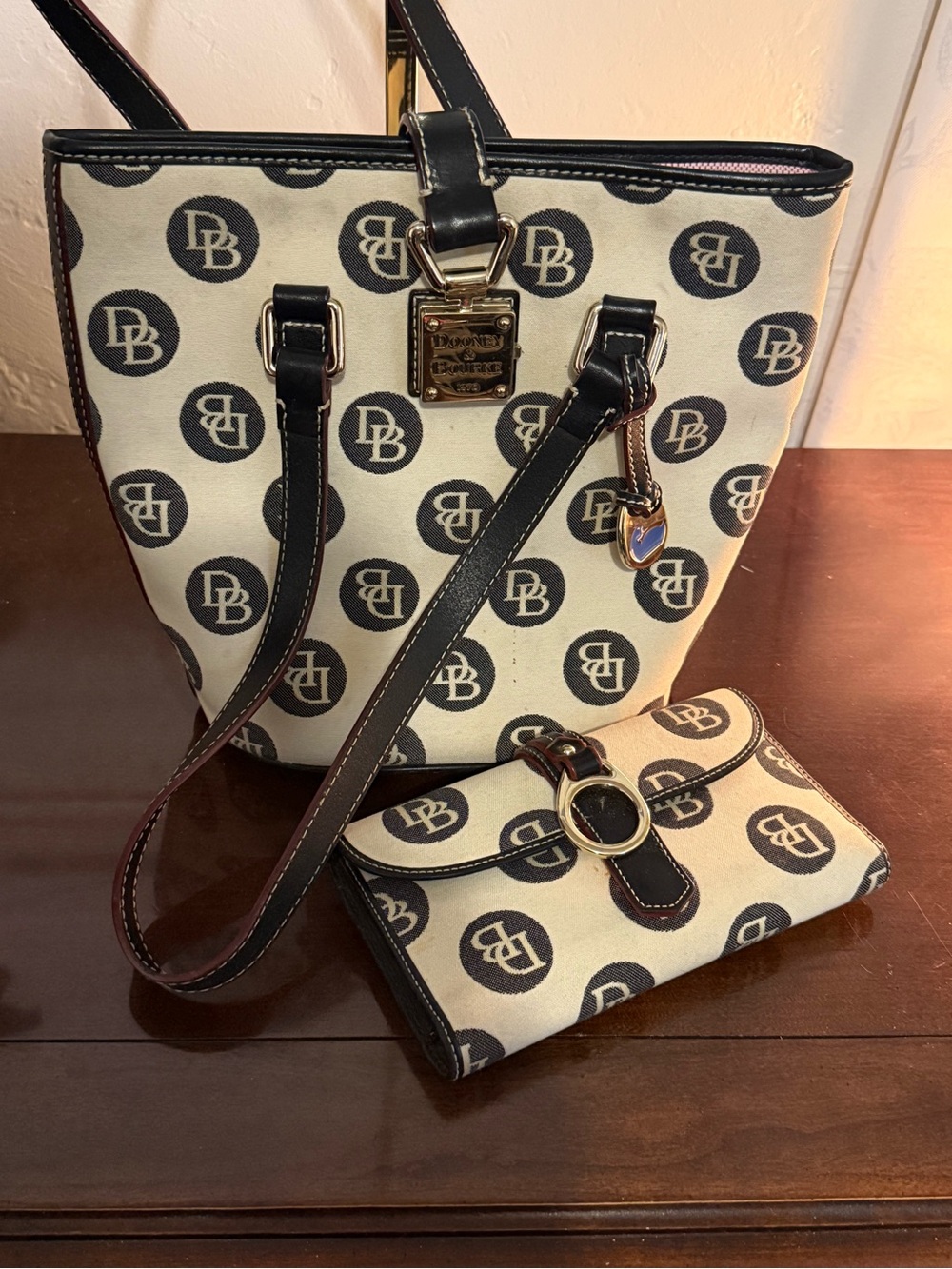 Dooney & Bourke Cream and Black Signature Logo Tote with Matching Wallet